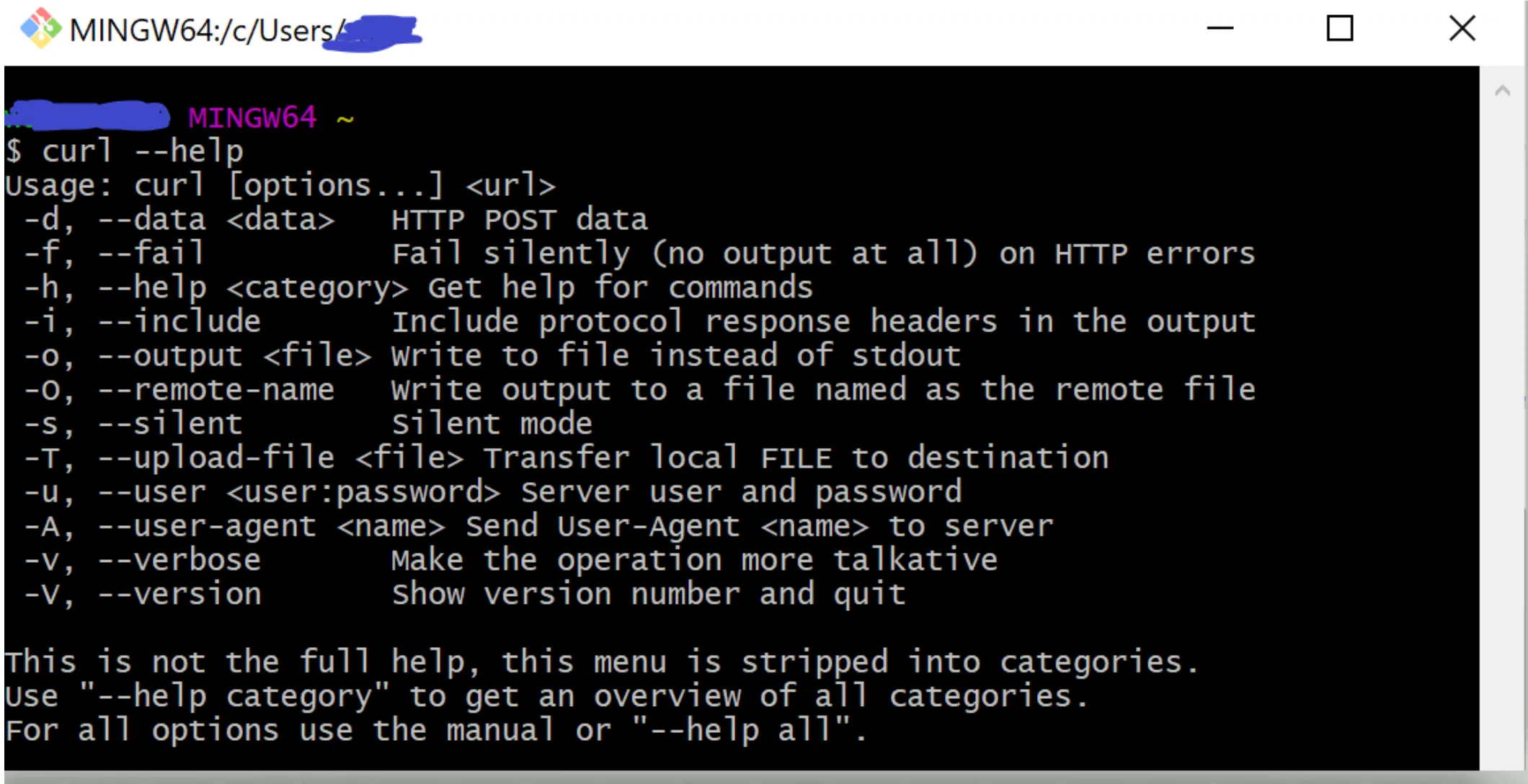 curl --help output listing common options like --data, --header, --output, and --verbose