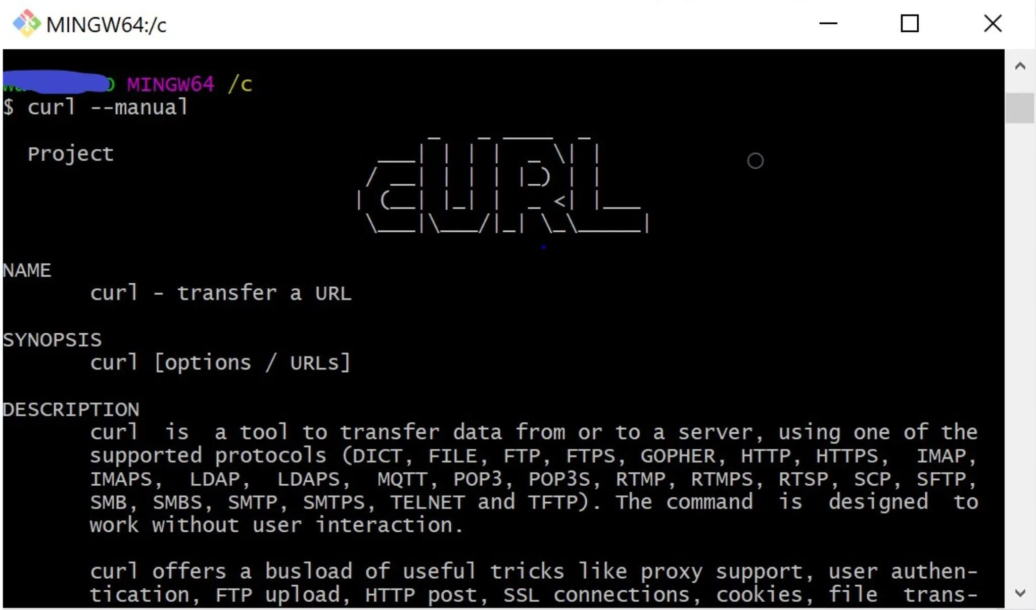 curl --manual page showing the cURL name, synopsis, and description of supported protocols