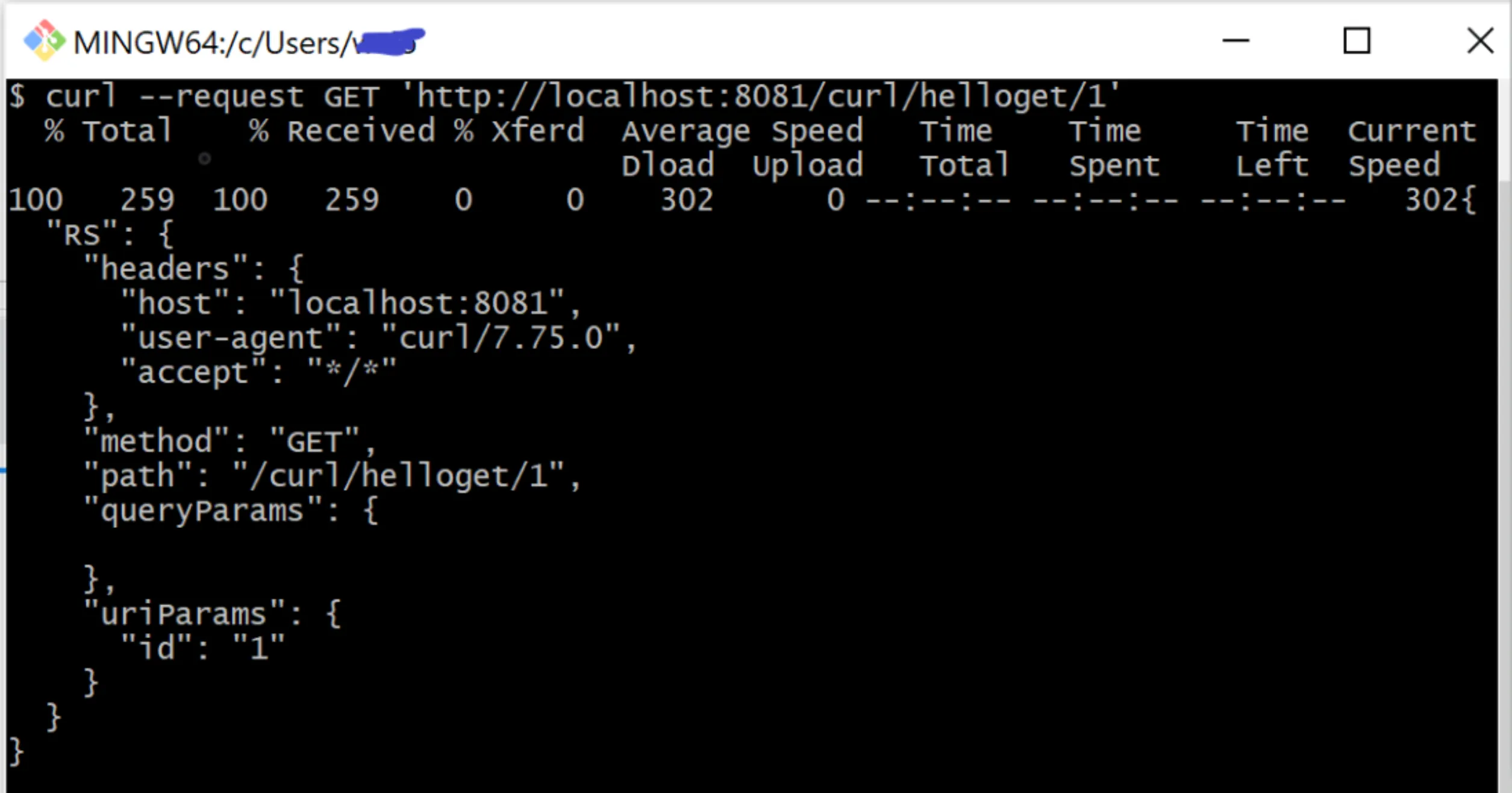 curl GET to /curl/helloget/1 with the uriParams id of 1 echoed in the response
