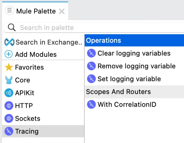 Mule Palette listing Tracing module operations: Clear, Remove, Set logging variable, and With CorrelationID