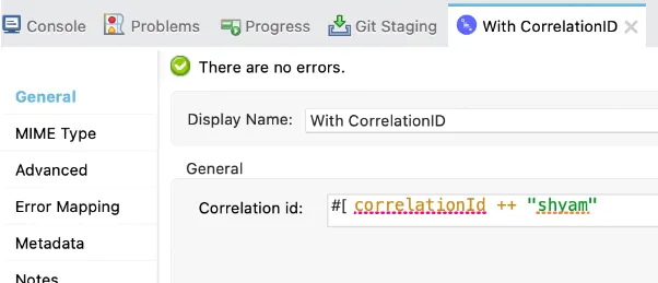 With CorrelationID config setting Correlation id to the expression correlationId ++ "shyam"