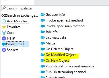 Salesforce palette with the On Modified Object and On New Object triggers highlighted.