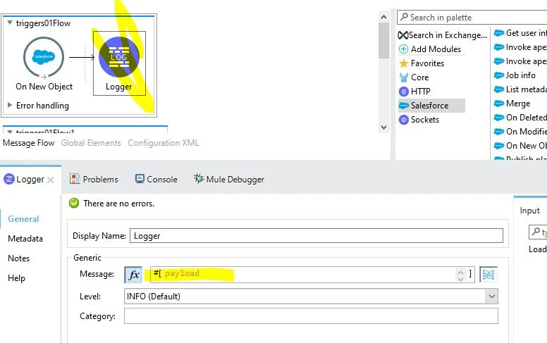 Logger added after the On New Object trigger, configured with the payload as its message.