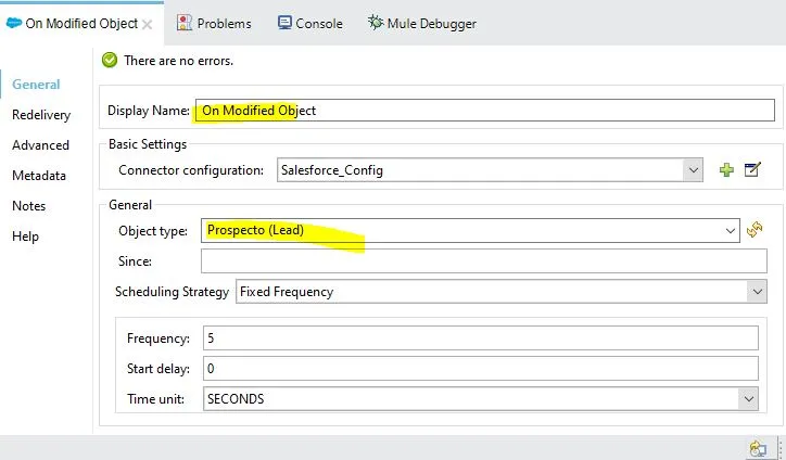 On Modified Object config with object type Prospecto (Lead) and Fixed Frequency scheduling.