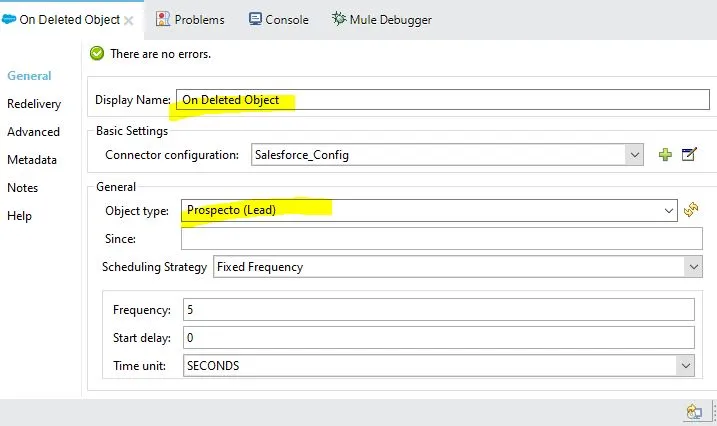 On Deleted Object config with object type Prospecto (Lead) and Fixed Frequency scheduling.