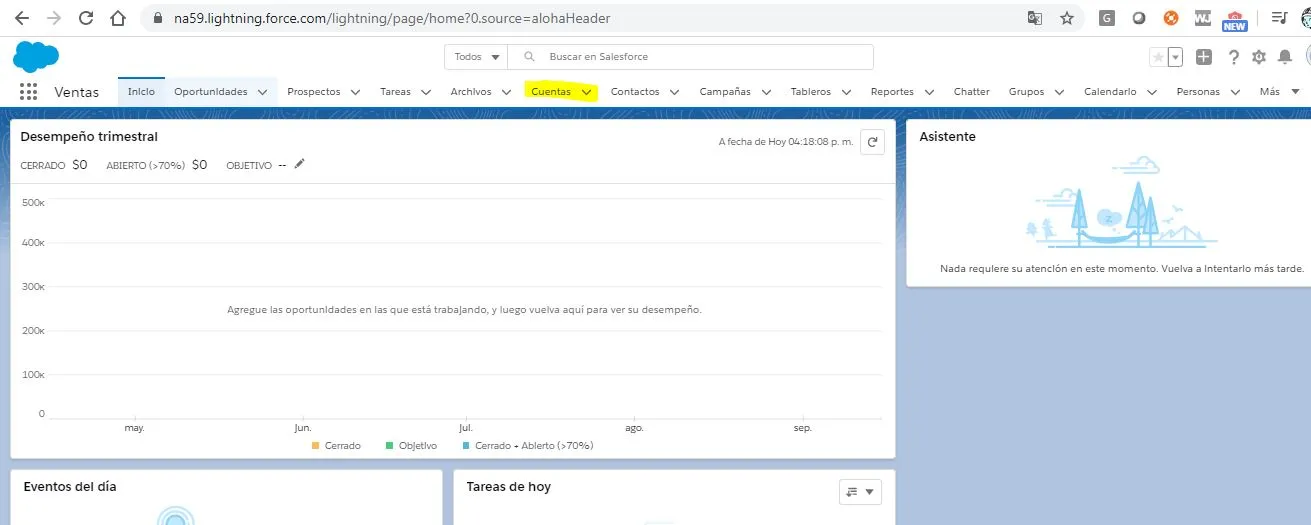 Salesforce Lightning Sales home in Spanish with the Prospectos (Leads) tab in the navigation.