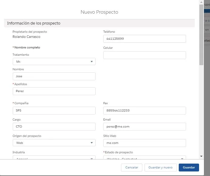 New Lead form in Salesforce filled in for Jose Perez at company SPS, with email perez@me.com.