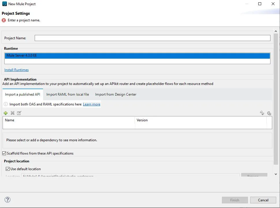 New Mule Project dialog with Mule Server 4.3.0 EE runtime selected and an empty project name.