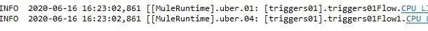Two Mule log lines from triggers01Flow and triggers01Flow1 logged after creating the Lead.