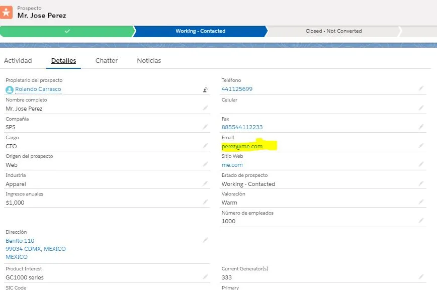 Lead detail page for Mr. Jose Perez with the email field perez@me.com highlighted before editing.