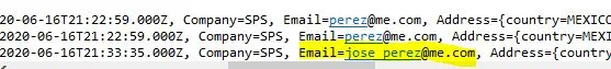 Mule log of the modify event showing the updated Email=jose_perez@me.com value.