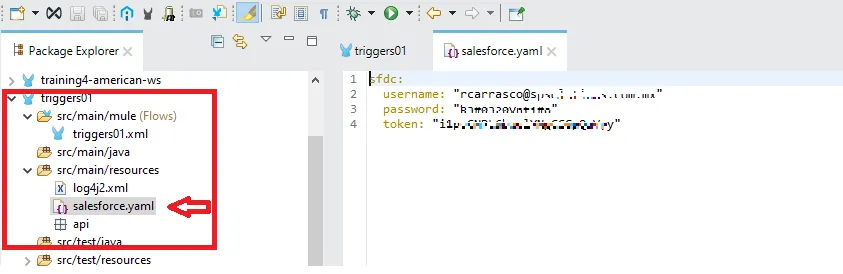 salesforce.yaml under src/main/resources holding sfdc username, password and token properties.
