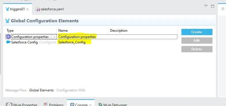 Global Configuration Elements tab with Configuration properties and Salesforce_Config entries.