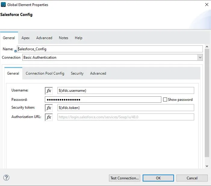 Salesforce Config properties with Basic Authentication username, password and security token from the YAML.