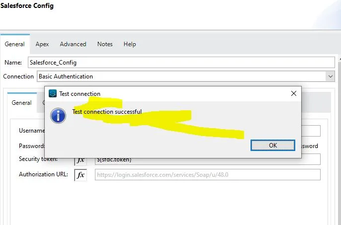 Salesforce Config showing a "Test connection successful" confirmation dialog.