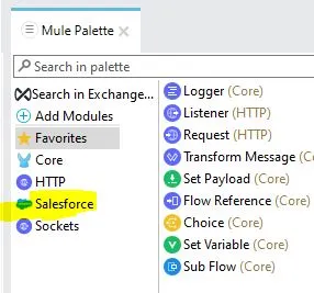 Mule Palette with the Salesforce connector module added alongside Core and HTTP.