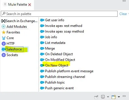 Salesforce palette operations list with the On New Object trigger highlighted.