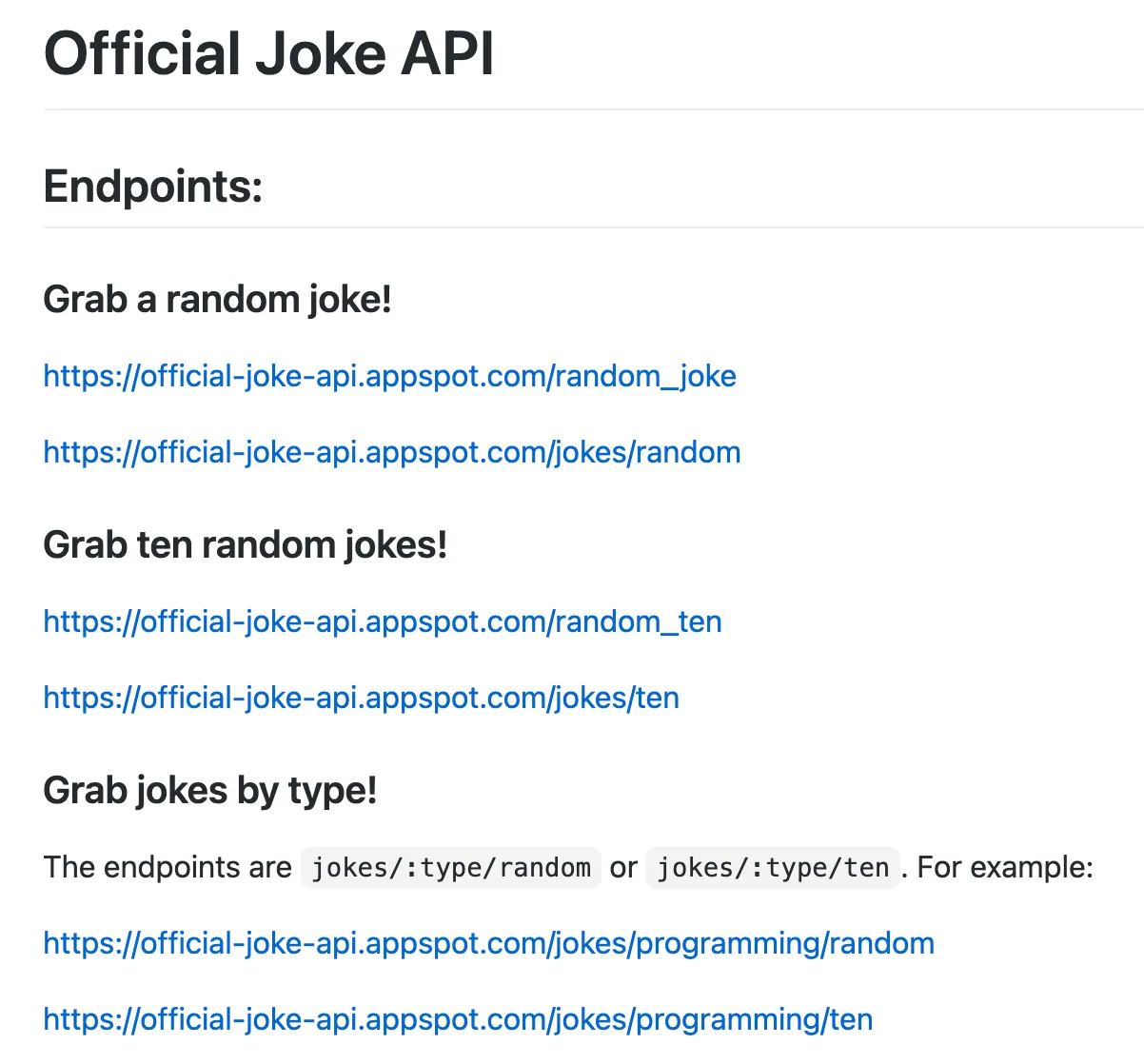 Official Joke API documentation listing endpoints for random jokes, ten jokes, and jokes by type