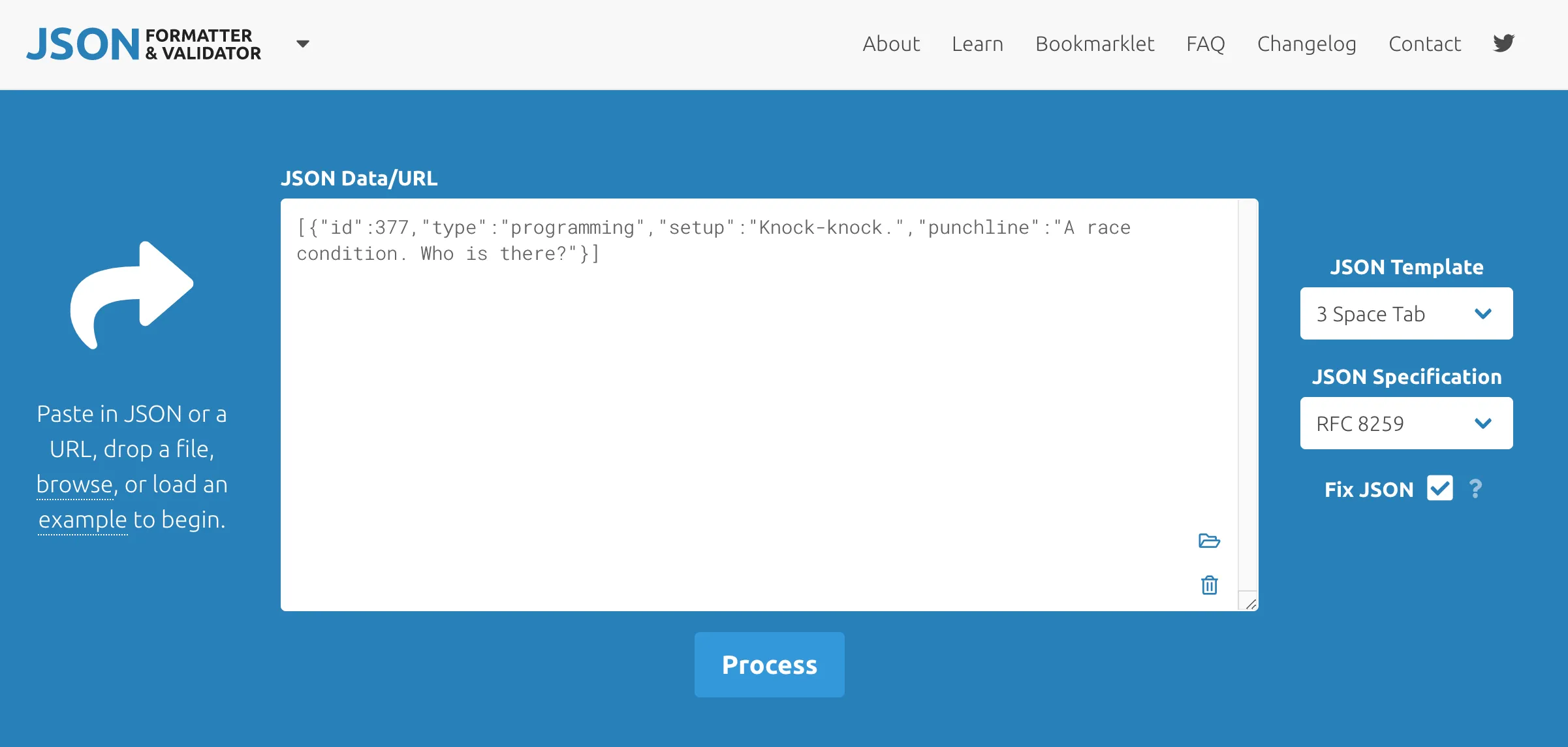 JSON Formatter & Validator website with the raw programming-joke JSON pasted, ready to Process
