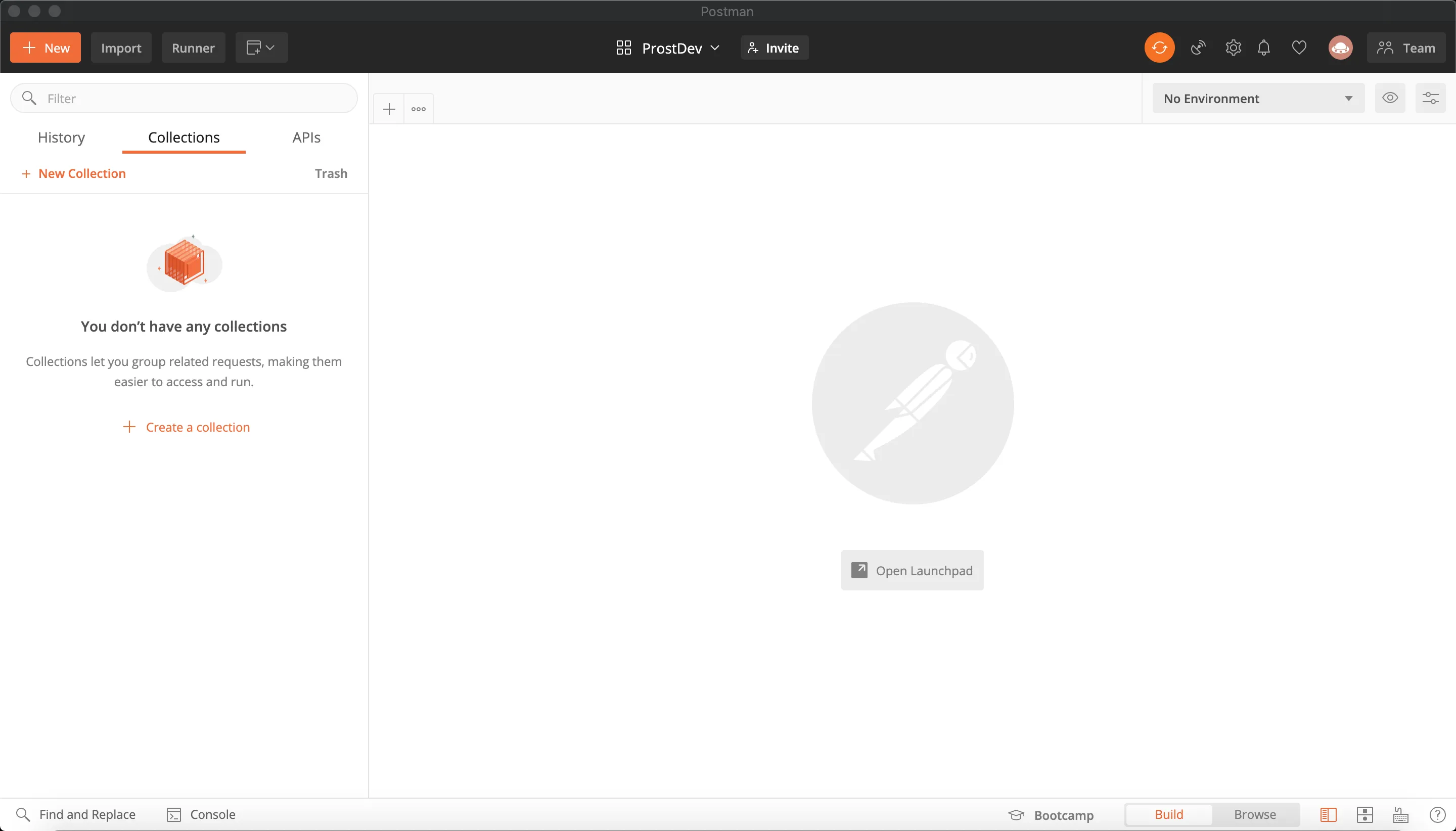 Postman app home screen with an empty Collections sidebar and the workspace launchpad