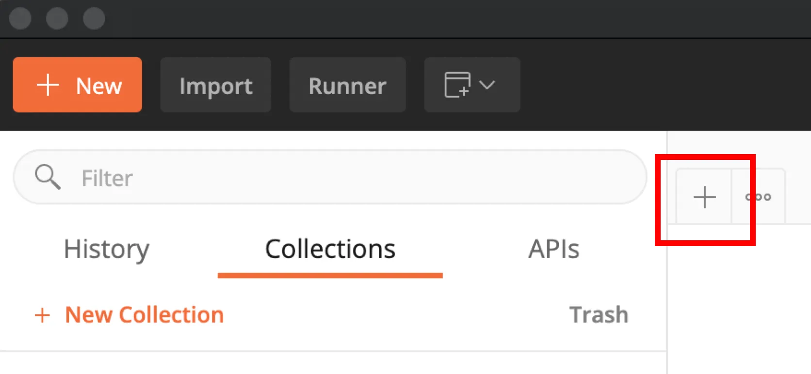 Postman toolbar with the plus button for a new request highlighted by a red box