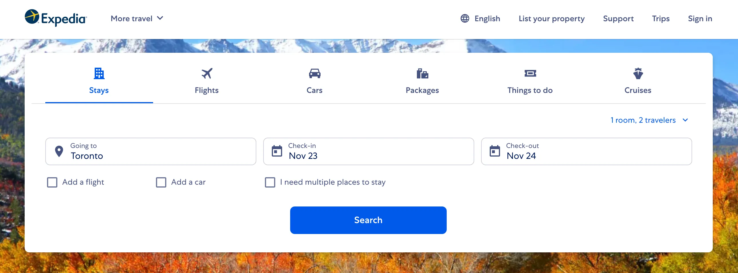 Expedia search form with Toronto as destination and Nov 23–24 check-in and check-out dates