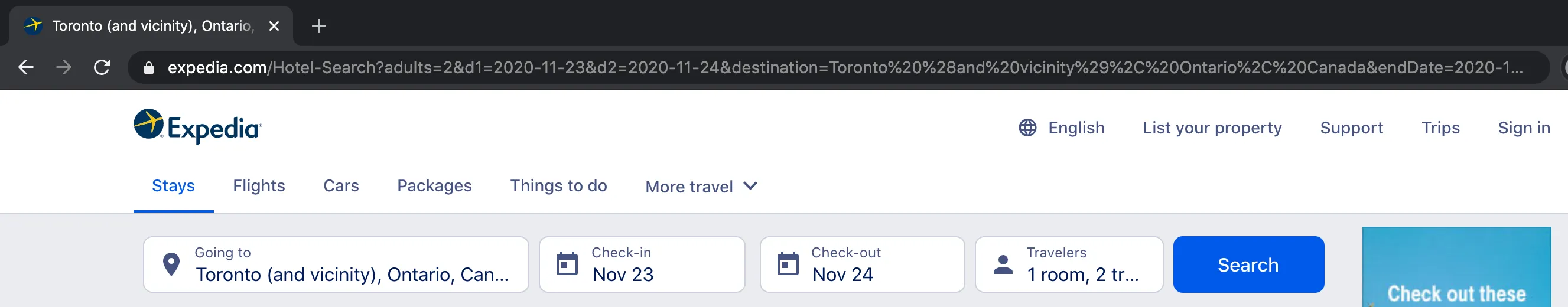 Browser address bar showing the long Expedia Hotel-Search URL full of encoded query parameters