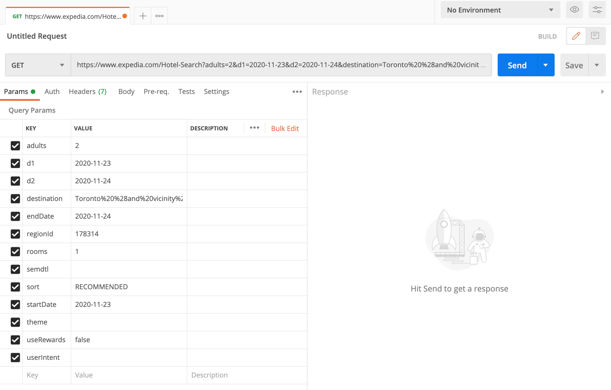 Postman Query Params table listing the Expedia parameters such as adults, dates, and destination