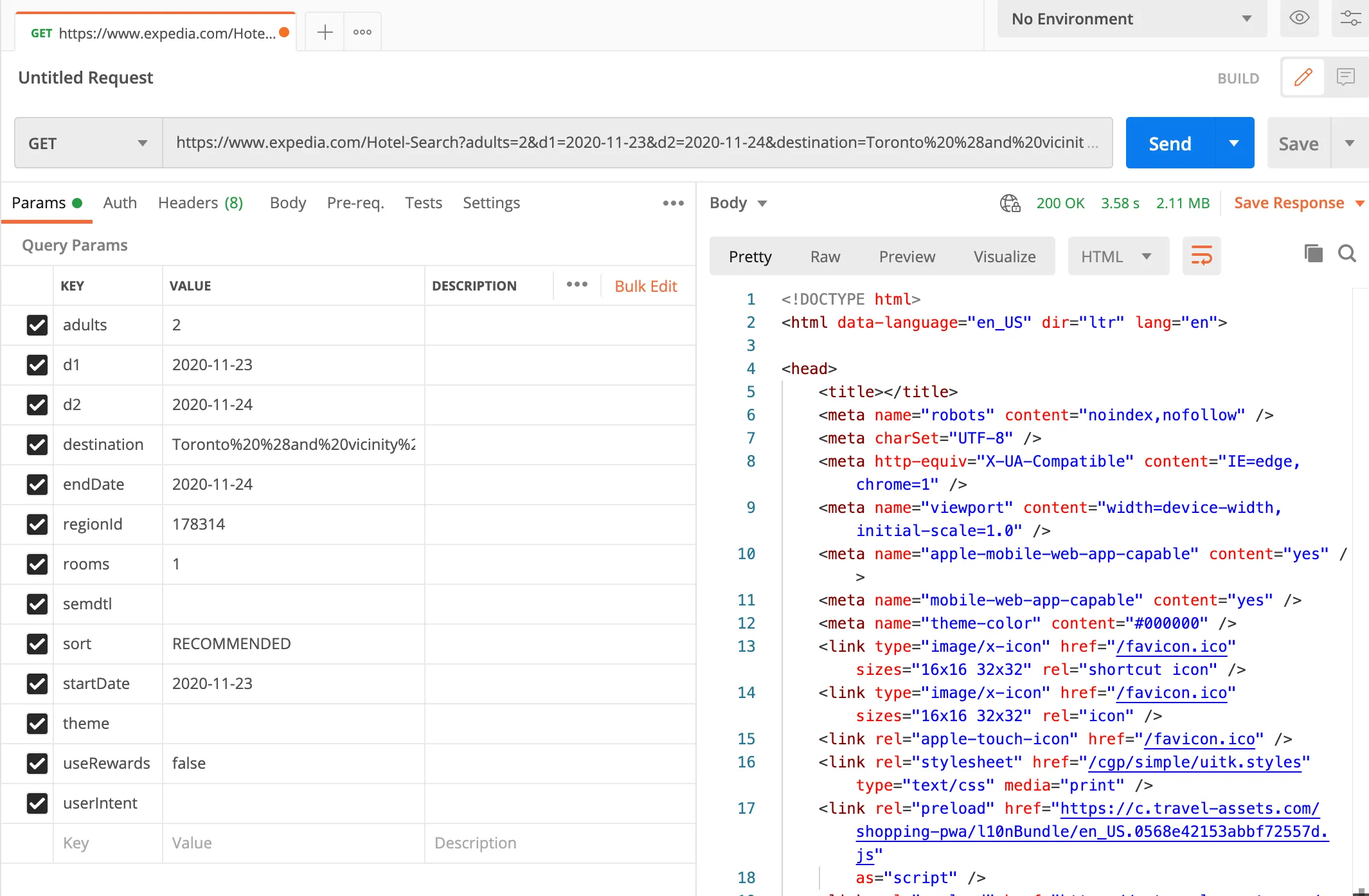 Postman showing the Expedia response body as raw HTML markup after sending the request