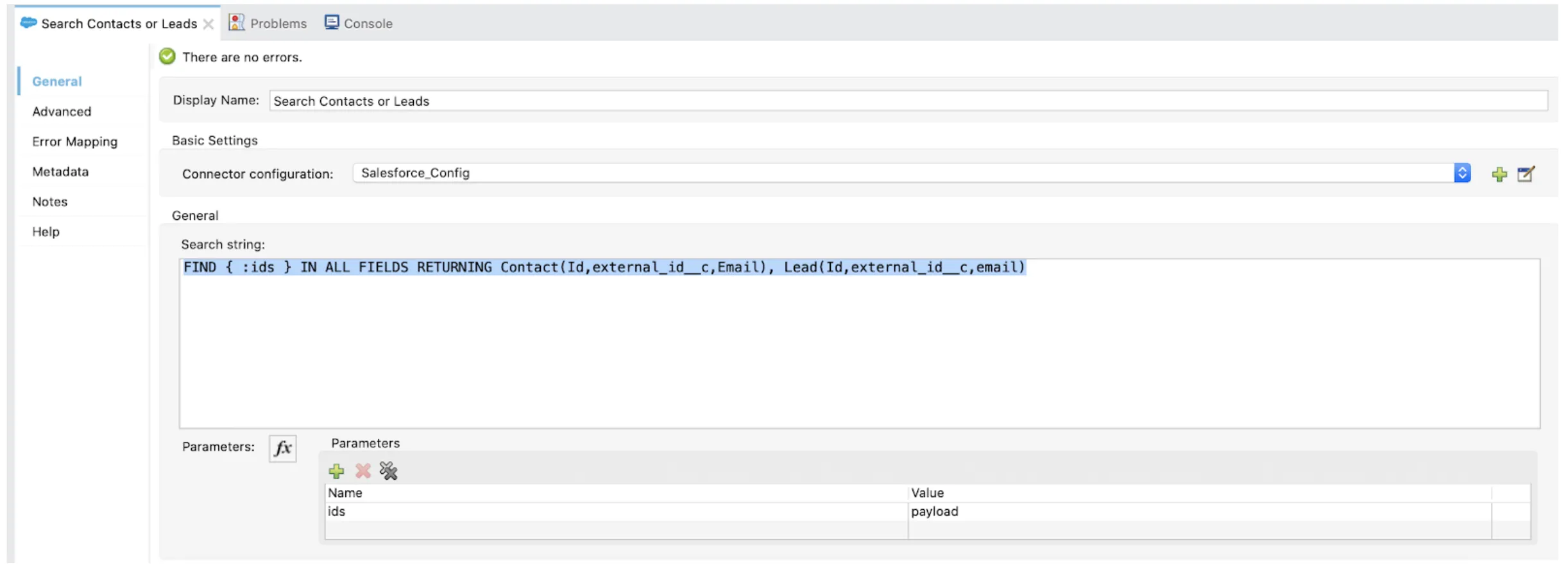Salesforce Search config with a SOSL FIND string returning Contact and Lead fields, ids set to payload